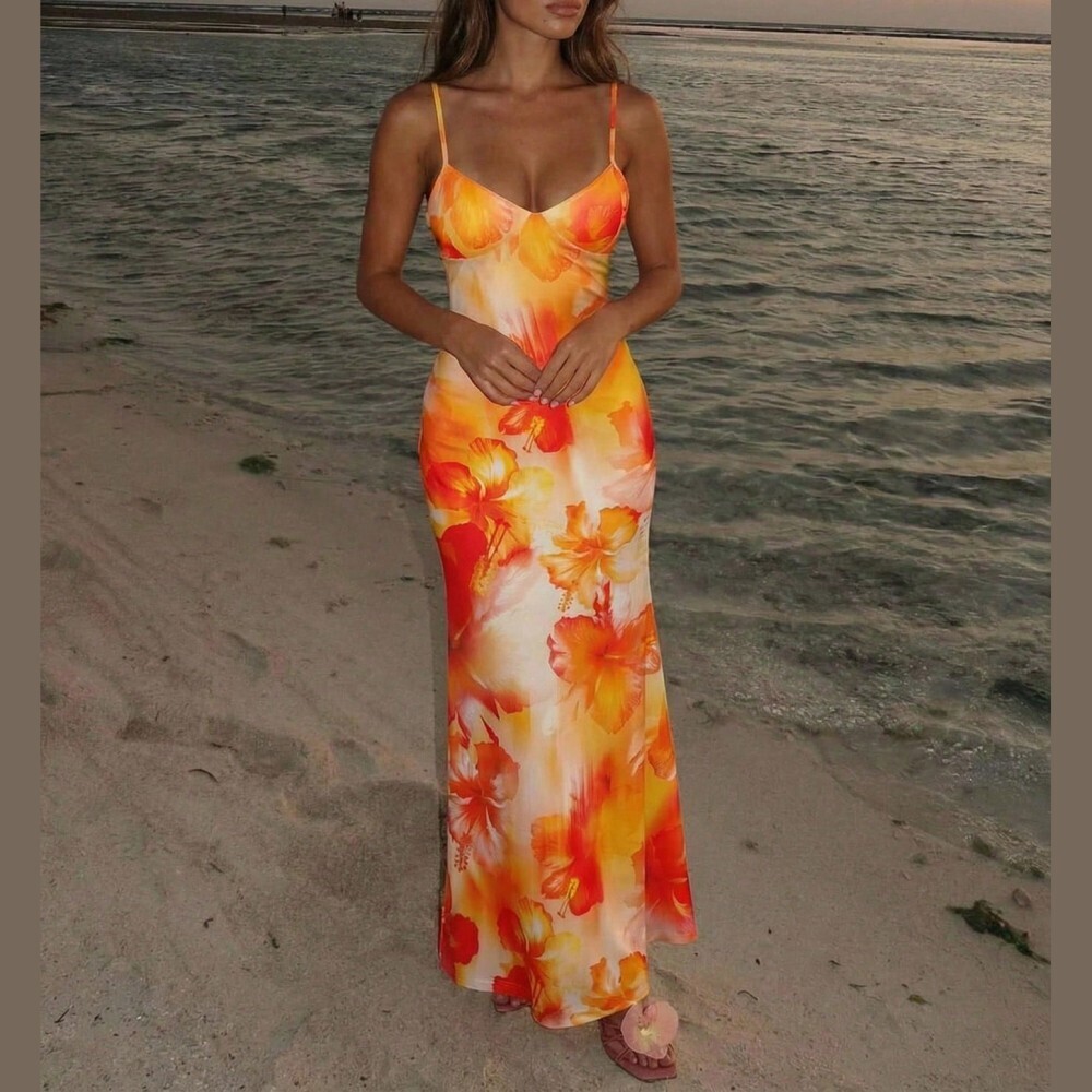 Orange Floral Print Maxi Dress With Spaghetti Straps